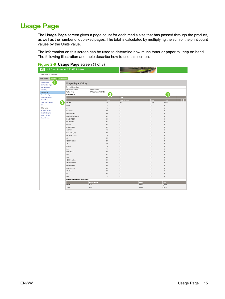 Usage page | HP Color LaserJet CP3520 Printer Series User Manual | Page 25 / 76