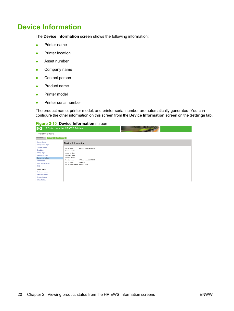 Device information, Figure 2-10 device information screen | HP Color LaserJet CP3520 Printer Series User Manual | Page 30 / 76