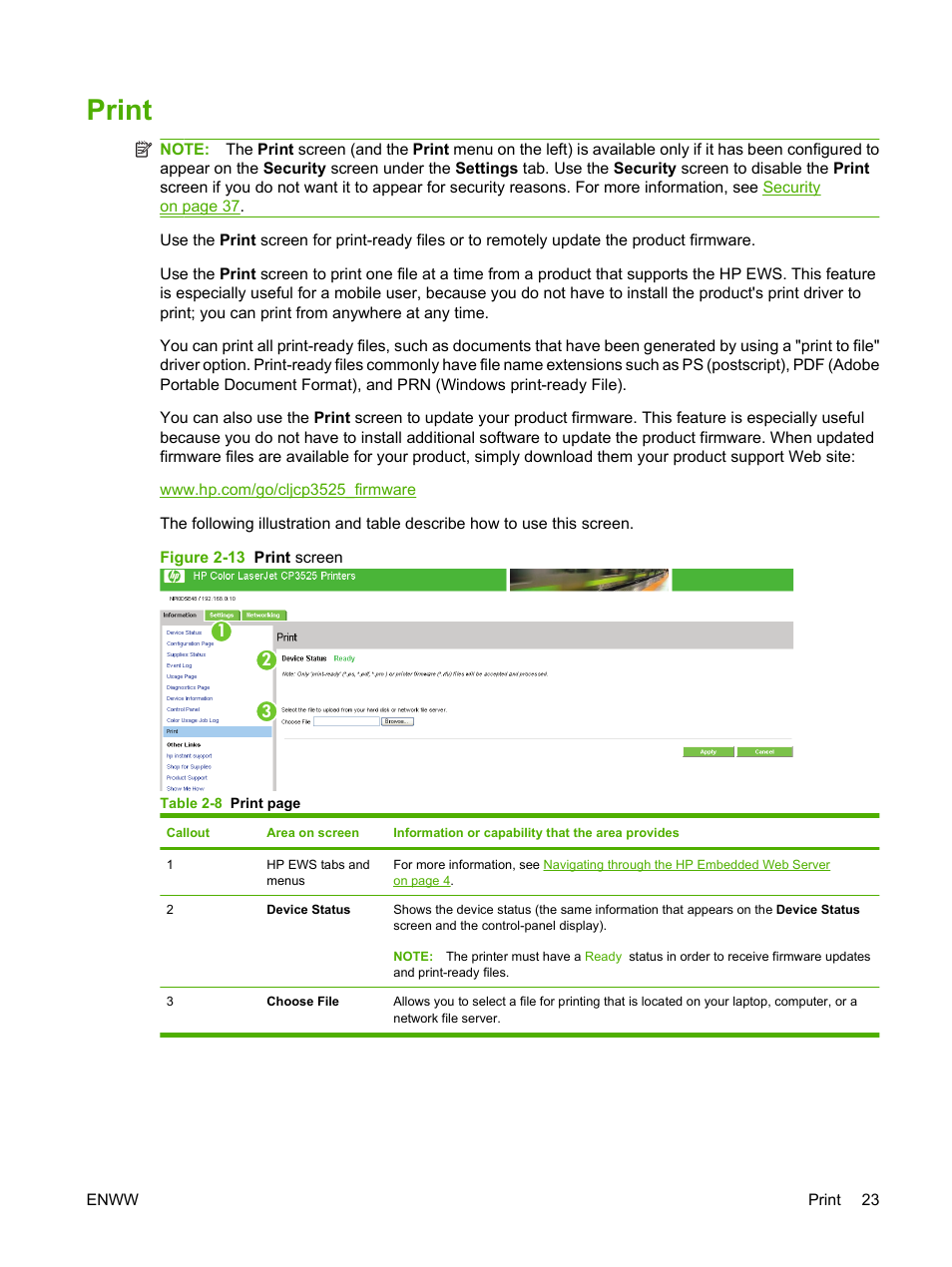 Print, Figure 2-13 print screen | HP Color LaserJet CP3520 Printer Series User Manual | Page 33 / 76