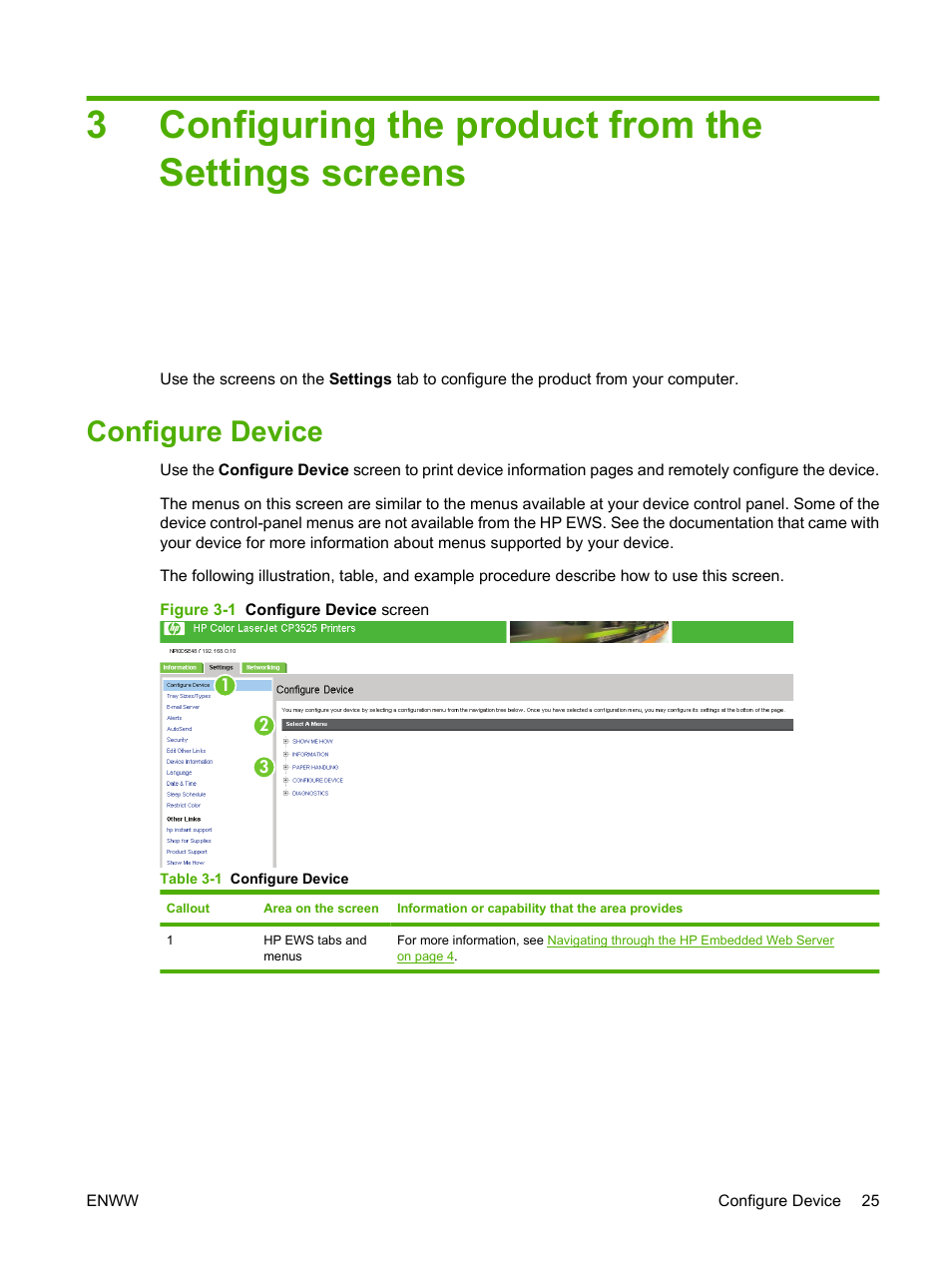 Configuring the product from the settings screens, Configure device, Table 3-1 configure device | Figure 3-1 configure device screen, Configuring the product from, 3configuring the product from the settings screens | HP Color LaserJet CP3520 Printer Series User Manual | Page 35 / 76