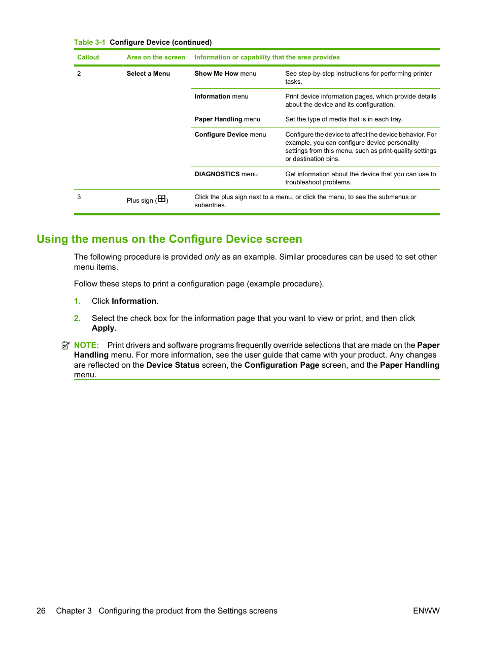Using the menus on the configure device screen | HP Color LaserJet CP3520 Printer Series User Manual | Page 36 / 76