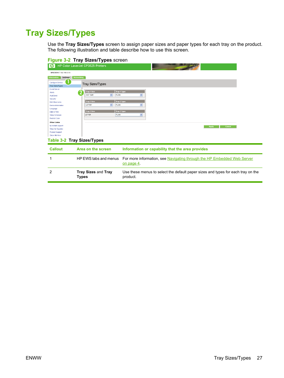 Tray sizes/types, Table 3-2 tray sizes/types, Figure 3-2 tray sizes/types screen | HP Color LaserJet CP3520 Printer Series User Manual | Page 37 / 76