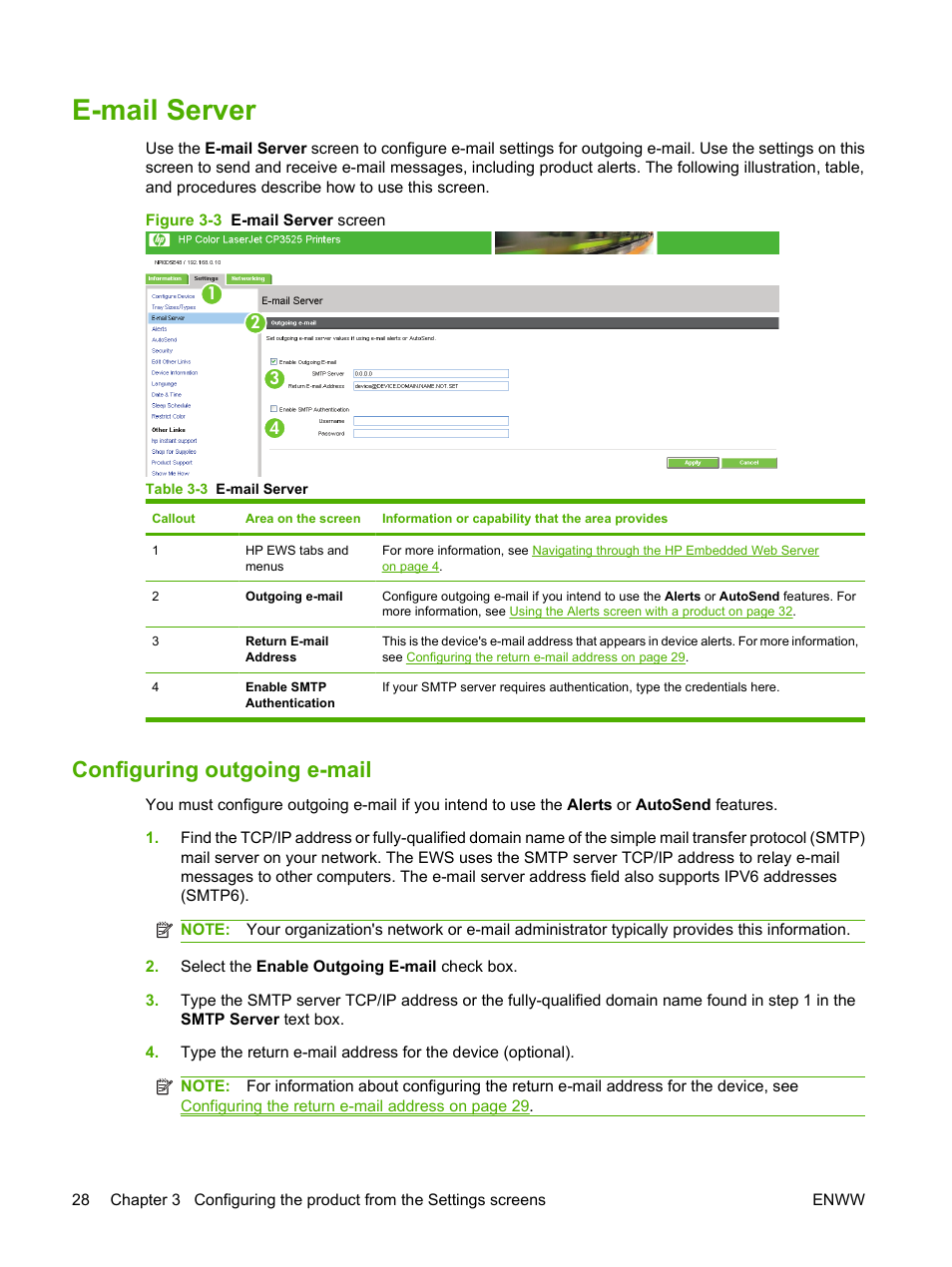 E-mail server, Configuring outgoing e-mail, Table 3-3 e-mail server | Figure 3-3 e-mail server screen | HP Color LaserJet CP3520 Printer Series User Manual | Page 38 / 76