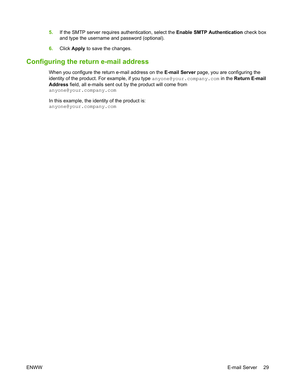 Configuring the return e-mail address | HP Color LaserJet CP3520 Printer Series User Manual | Page 39 / 76