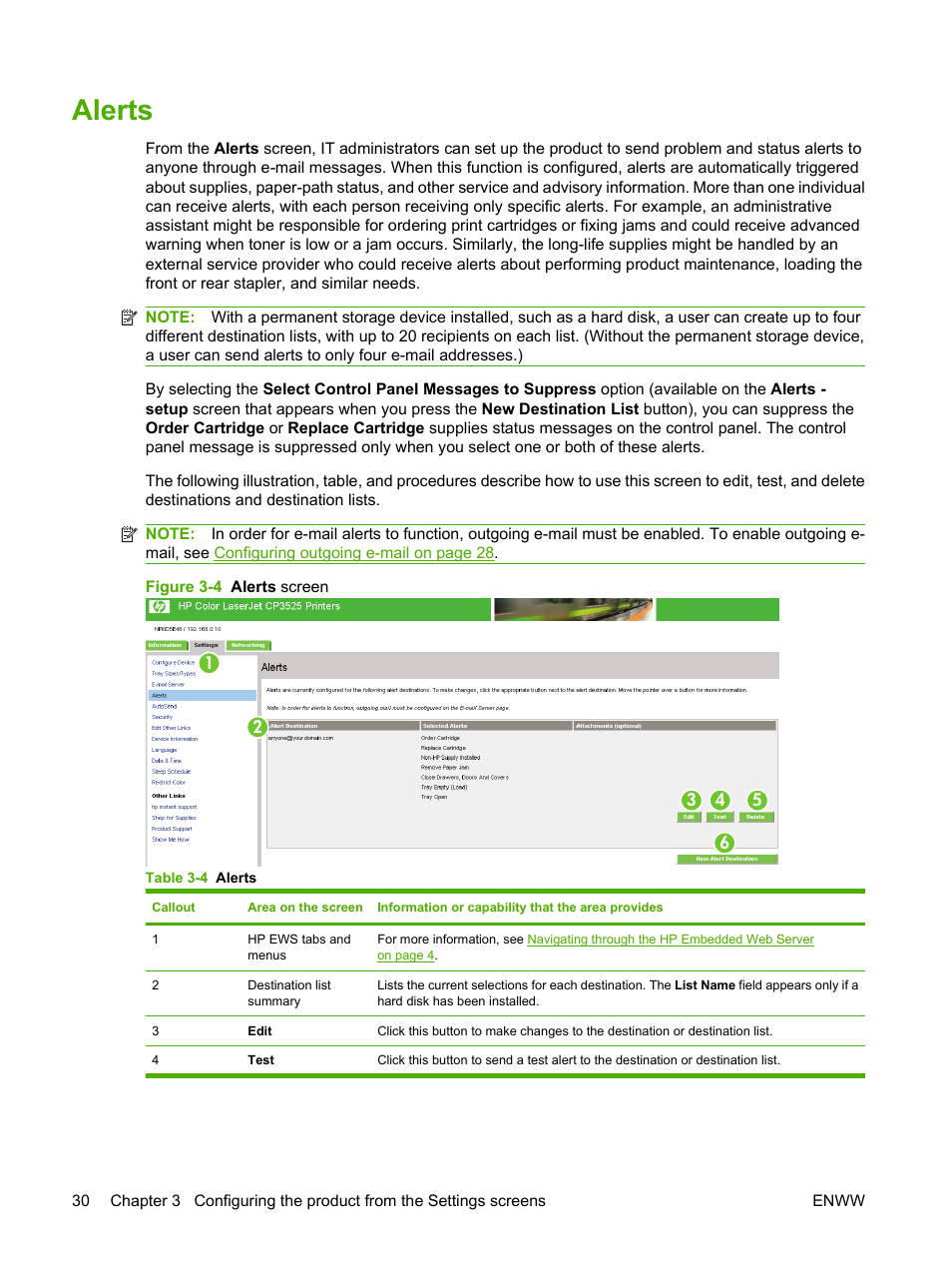 Alerts, Table 3-4 alerts, Figure 3-4 alerts screen | HP Color LaserJet CP3520 Printer Series User Manual | Page 40 / 76