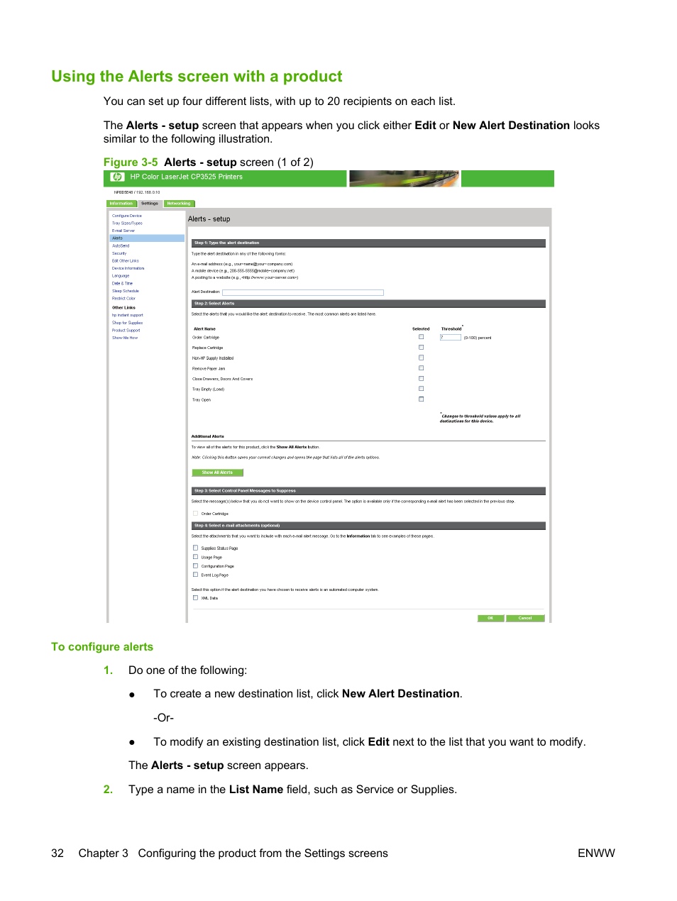 Using the alerts screen with a product, Figure 3-5 alerts - setup screen (1 of 2) | HP Color LaserJet CP3520 Printer Series User Manual | Page 42 / 76