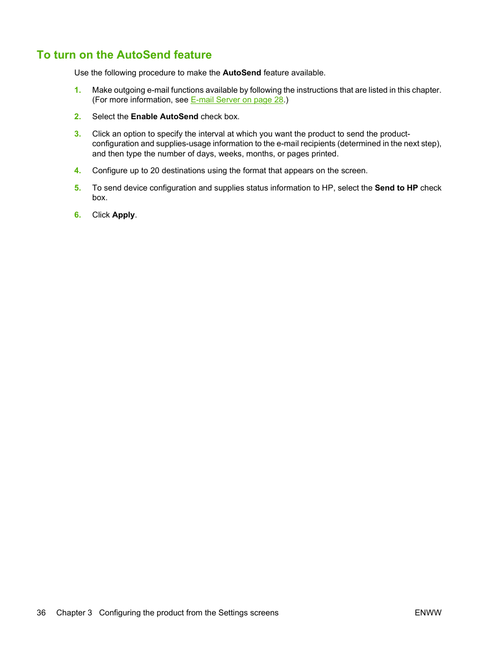 To turn on the autosend feature | HP Color LaserJet CP3520 Printer Series User Manual | Page 46 / 76