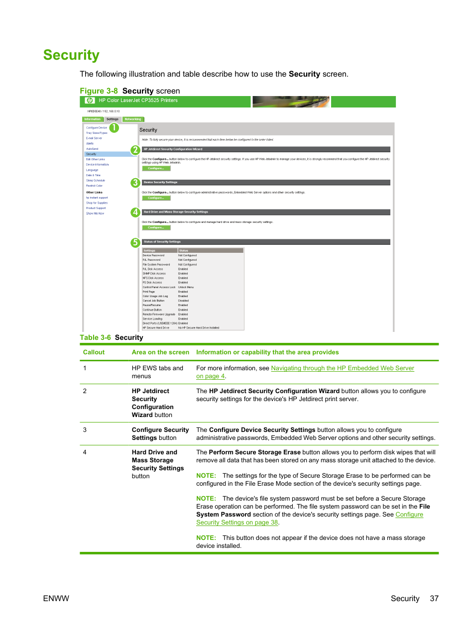 Security, Table 3-6 security, Figure 3-8 security screen | HP Color LaserJet CP3520 Printer Series User Manual | Page 47 / 76