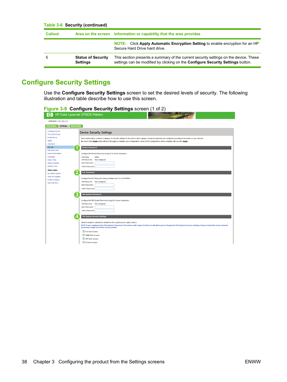 Configure security settings, Configure | HP Color LaserJet CP3520 Printer Series User Manual | Page 48 / 76