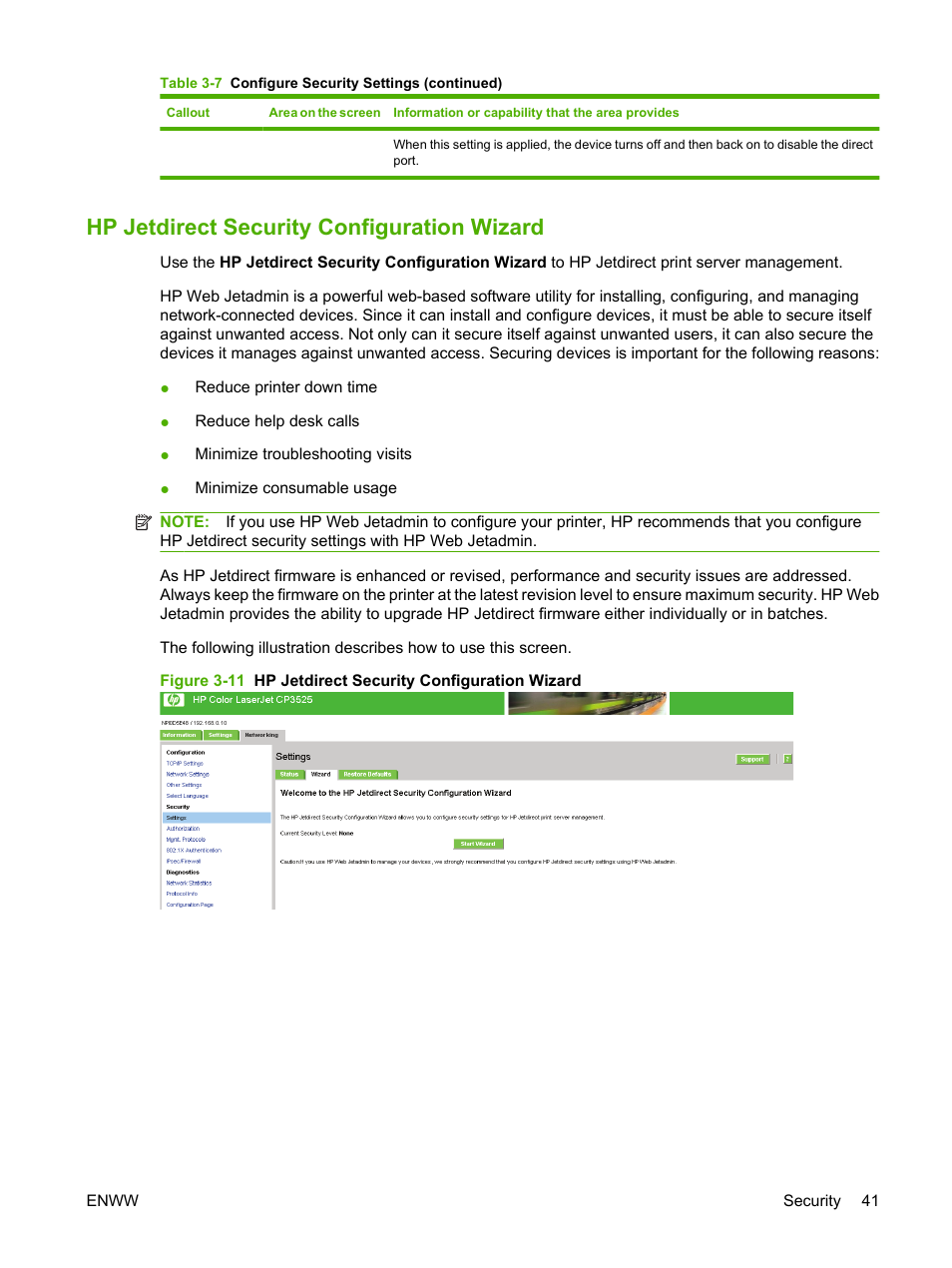 Hp jetdirect security configuration wizard | HP Color LaserJet CP3520 Printer Series User Manual | Page 51 / 76