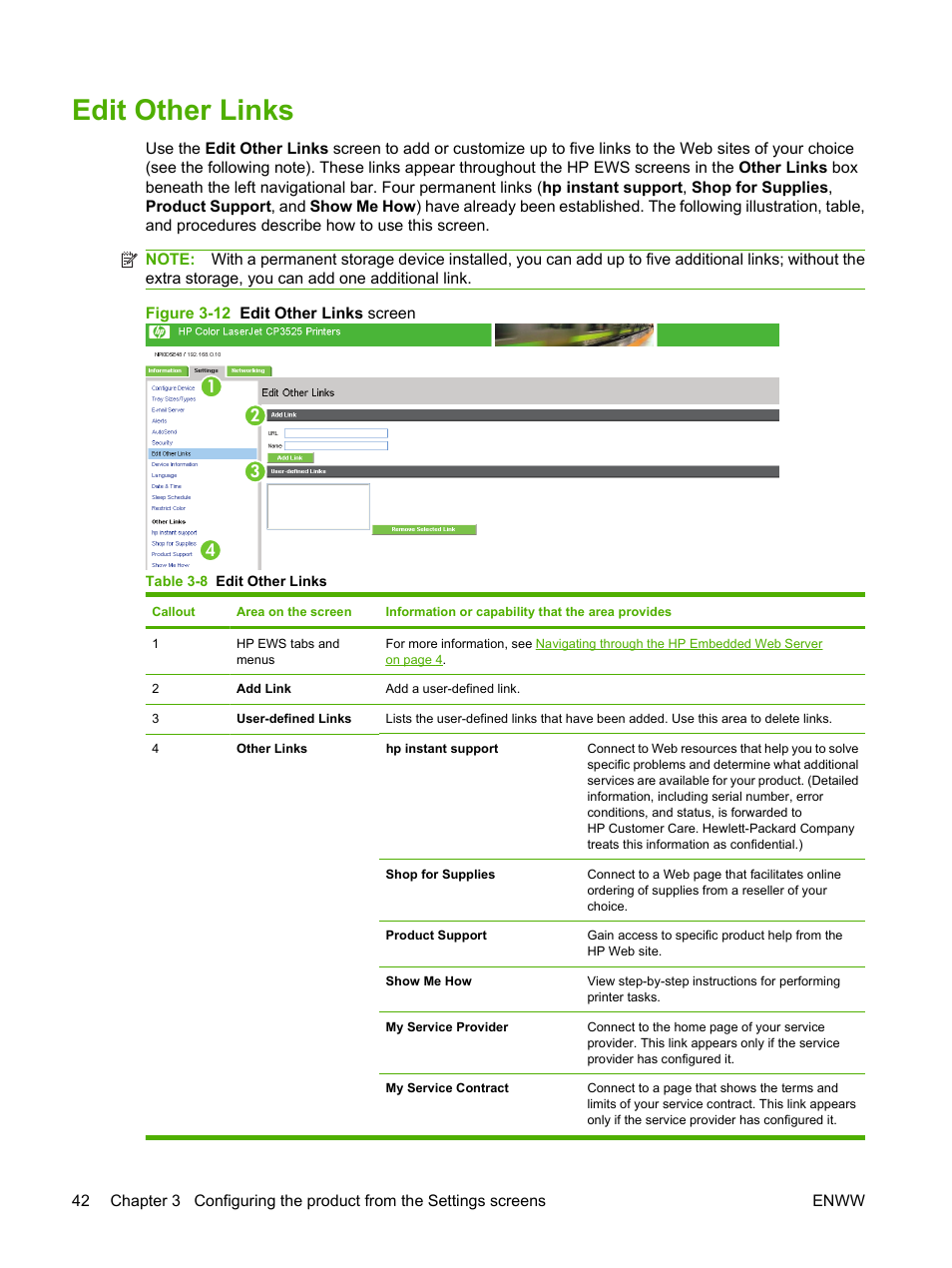 Edit other links, Table 3-8 edit other links, Figure 3-12 edit other links screen | HP Color LaserJet CP3520 Printer Series User Manual | Page 52 / 76