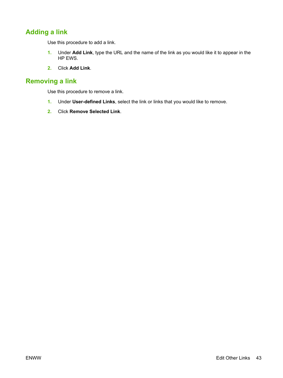 Adding a link, Removing a link, Adding a link removing a link | HP Color LaserJet CP3520 Printer Series User Manual | Page 53 / 76