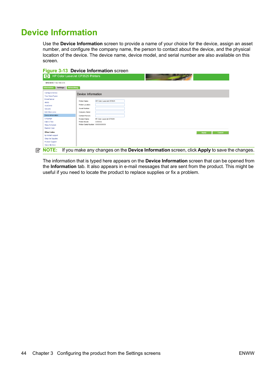 Device information, Figure 3-13 device information screen | HP Color LaserJet CP3520 Printer Series User Manual | Page 54 / 76