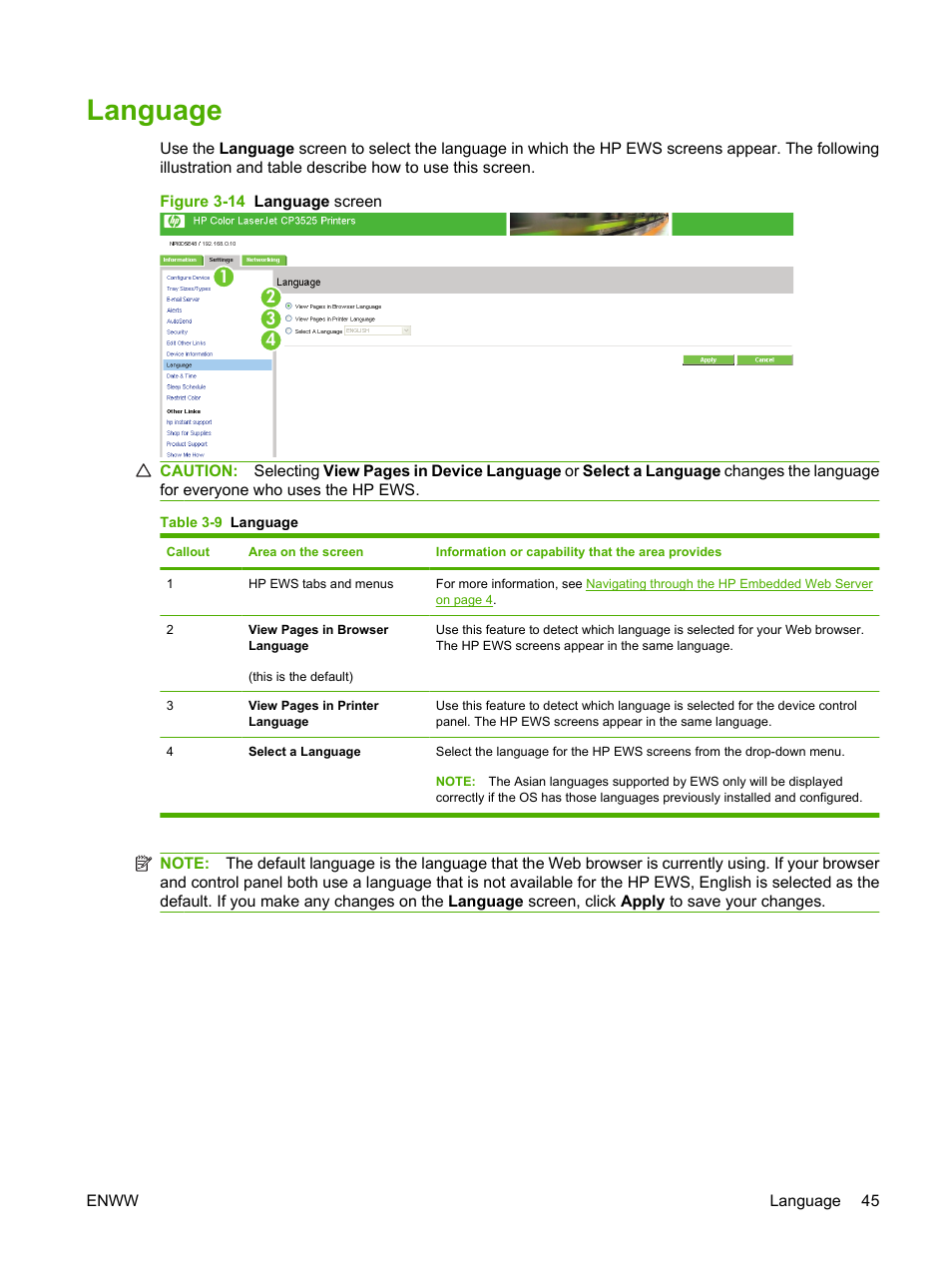 Language, Table 3-9 language, Figure 3-14 language screen | HP Color LaserJet CP3520 Printer Series User Manual | Page 55 / 76