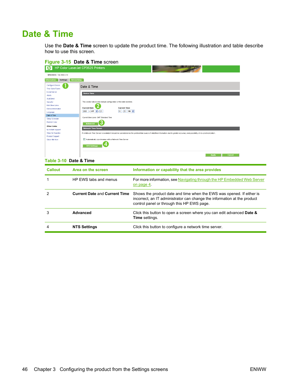 Date & time, Table 3-10 date & time, Figure 3-15 date & time screen | HP Color LaserJet CP3520 Printer Series User Manual | Page 56 / 76