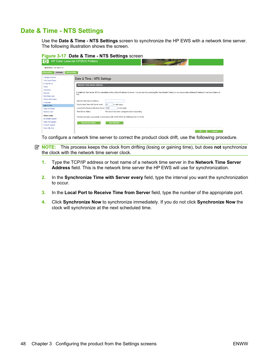 Date & time - nts settings, Figure 3-17 date & time - nts settings screen | HP Color LaserJet CP3520 Printer Series User Manual | Page 58 / 76