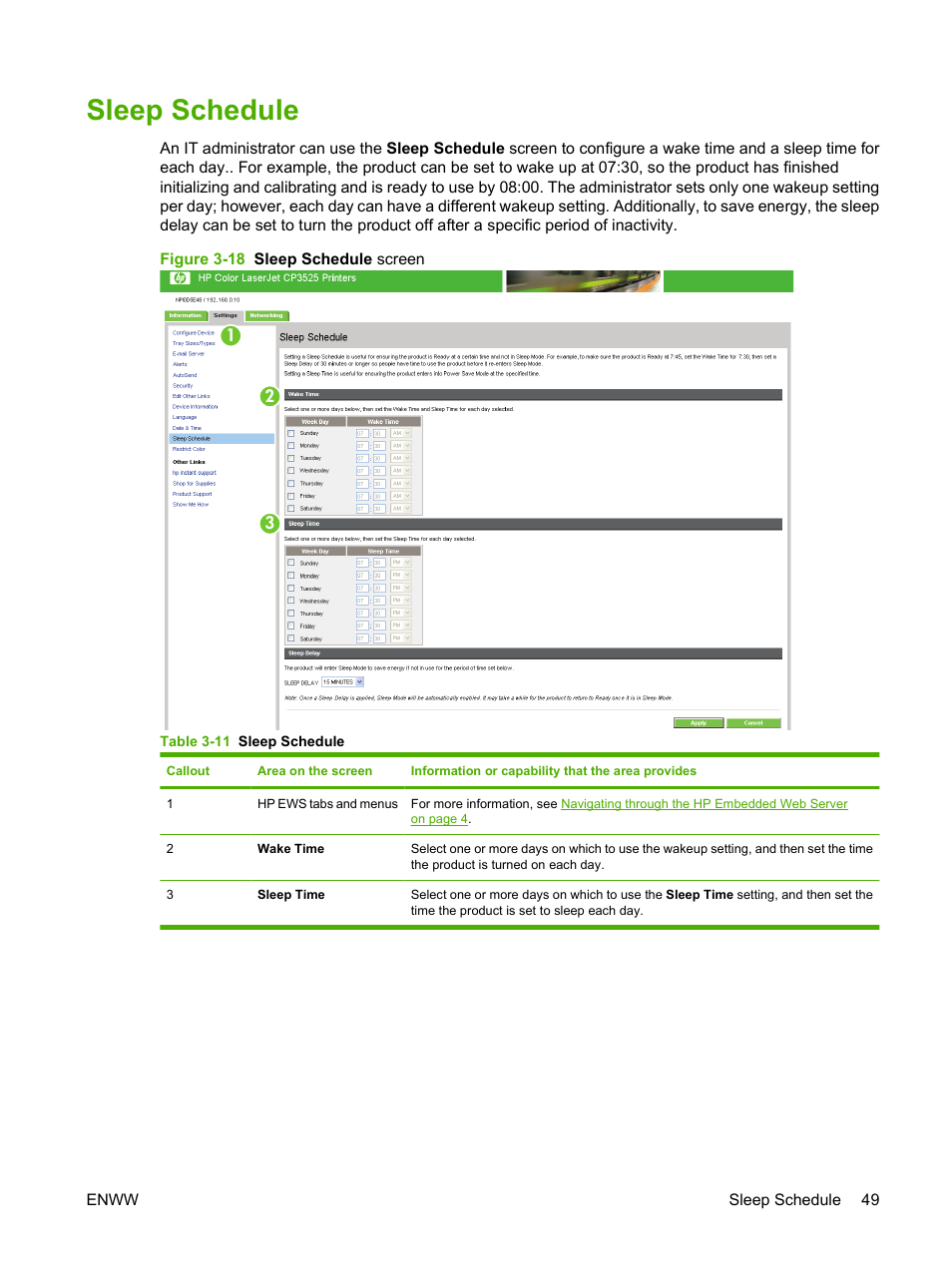 Sleep schedule, Table 3-11 sleep schedule, Figure 3-18 sleep schedule screen | HP Color LaserJet CP3520 Printer Series User Manual | Page 59 / 76