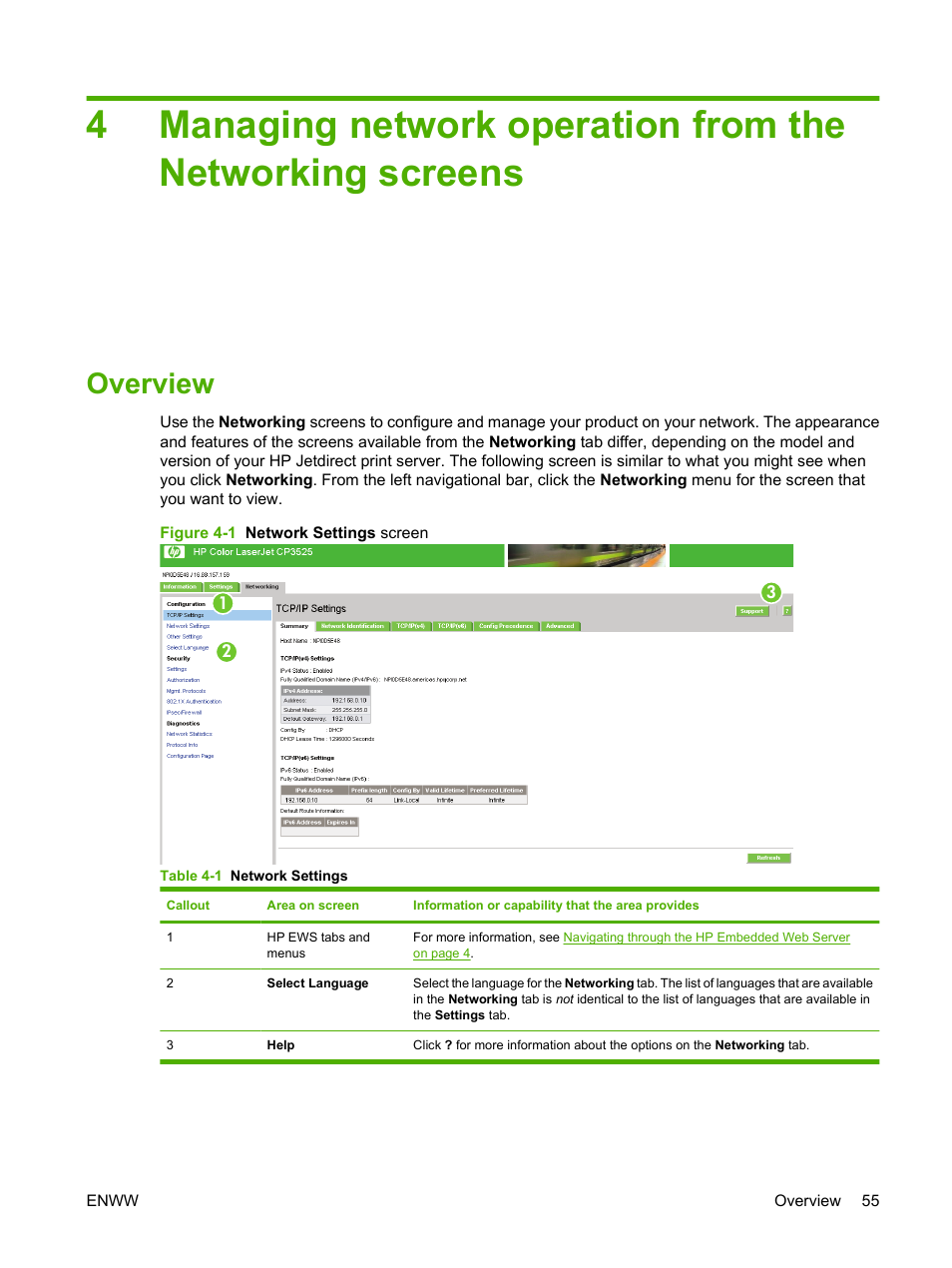 Overview, Table 4-1 network settings, Managing network operation | HP Color LaserJet CP3520 Printer Series User Manual | Page 65 / 76