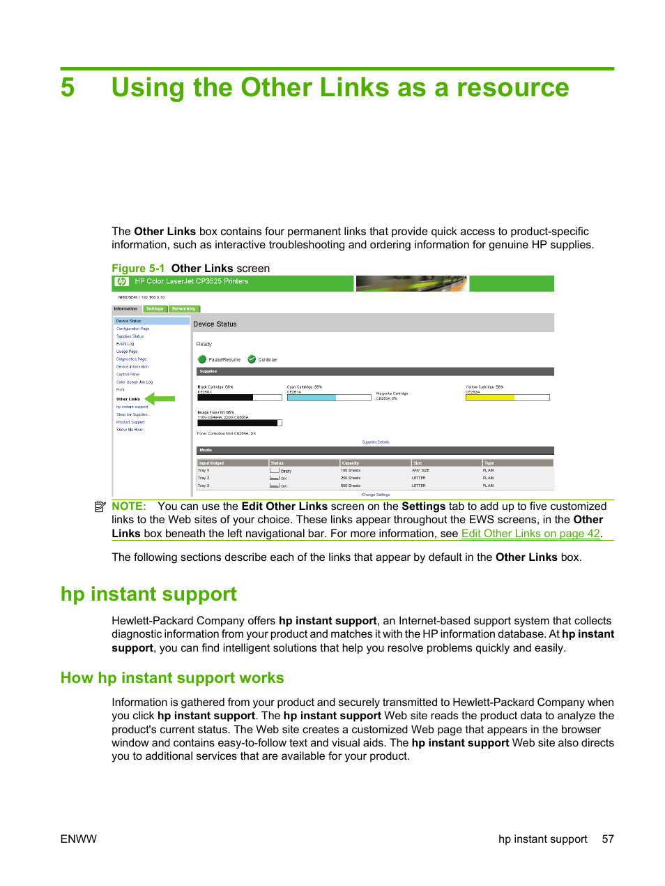 Using the other links as a resource, Hp instant support, How hp instant support works | 5 using the other links as a resource, Using the other links as a, 5using the other links as a resource | HP Color LaserJet CP3520 Printer Series User Manual | Page 67 / 76