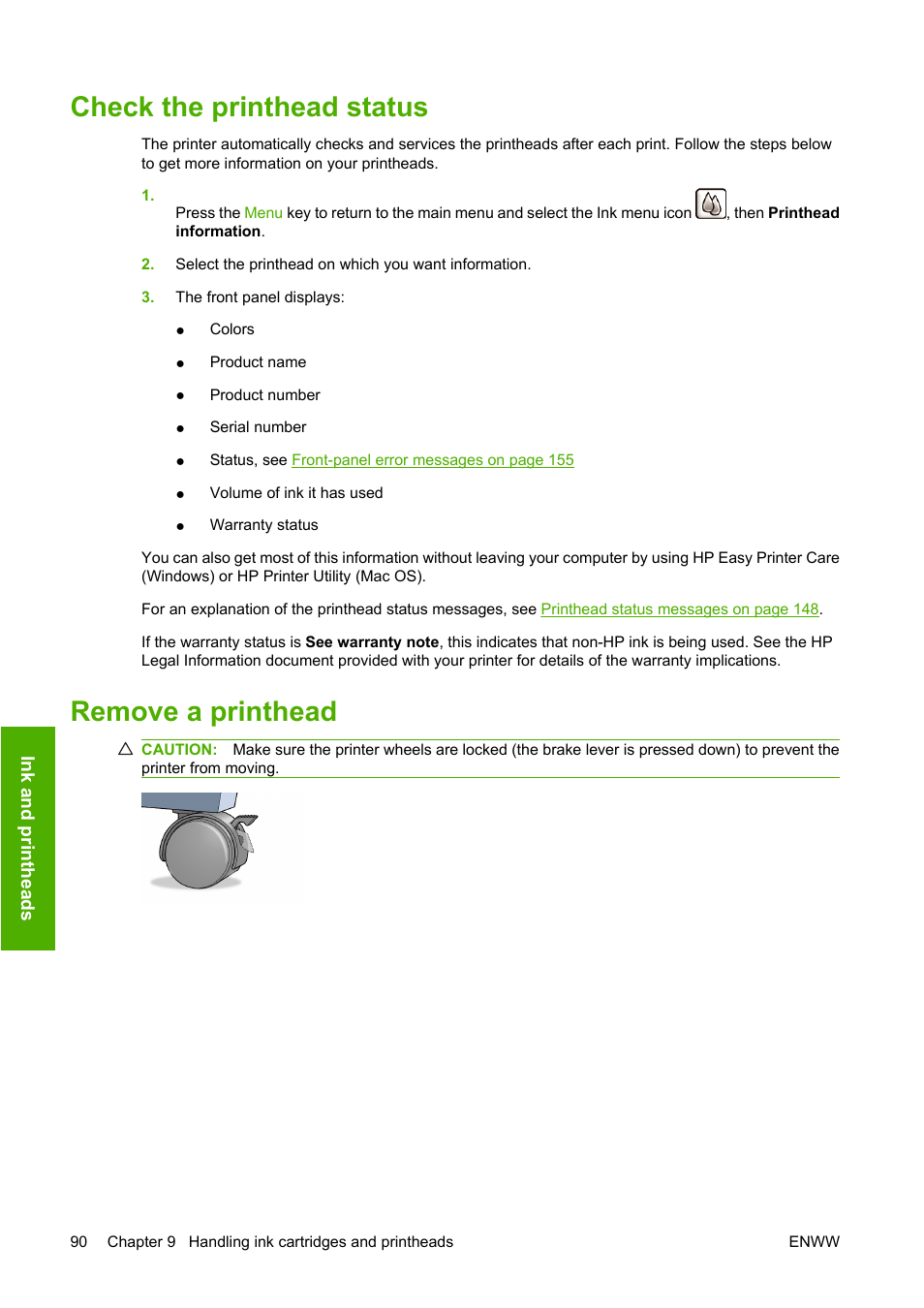 Check the printhead status, Remove a printhead, Check the printhead status remove a printhead | HP Designjet T610 Printer series User Manual | Page 100 / 181