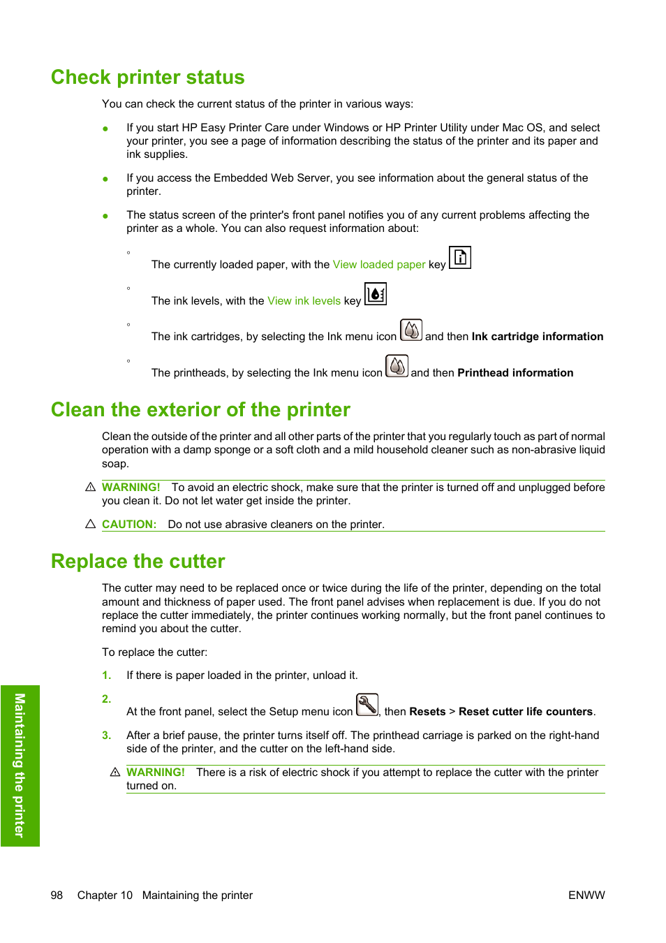 Check printer status, Clean the exterior of the printer, Replace the cutter | HP Designjet T610 Printer series User Manual | Page 108 / 181