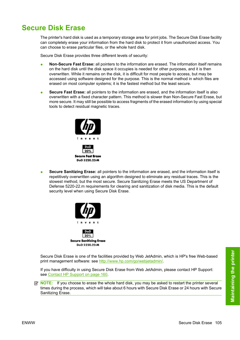 Secure disk erase | HP Designjet T610 Printer series User Manual | Page 115 / 181