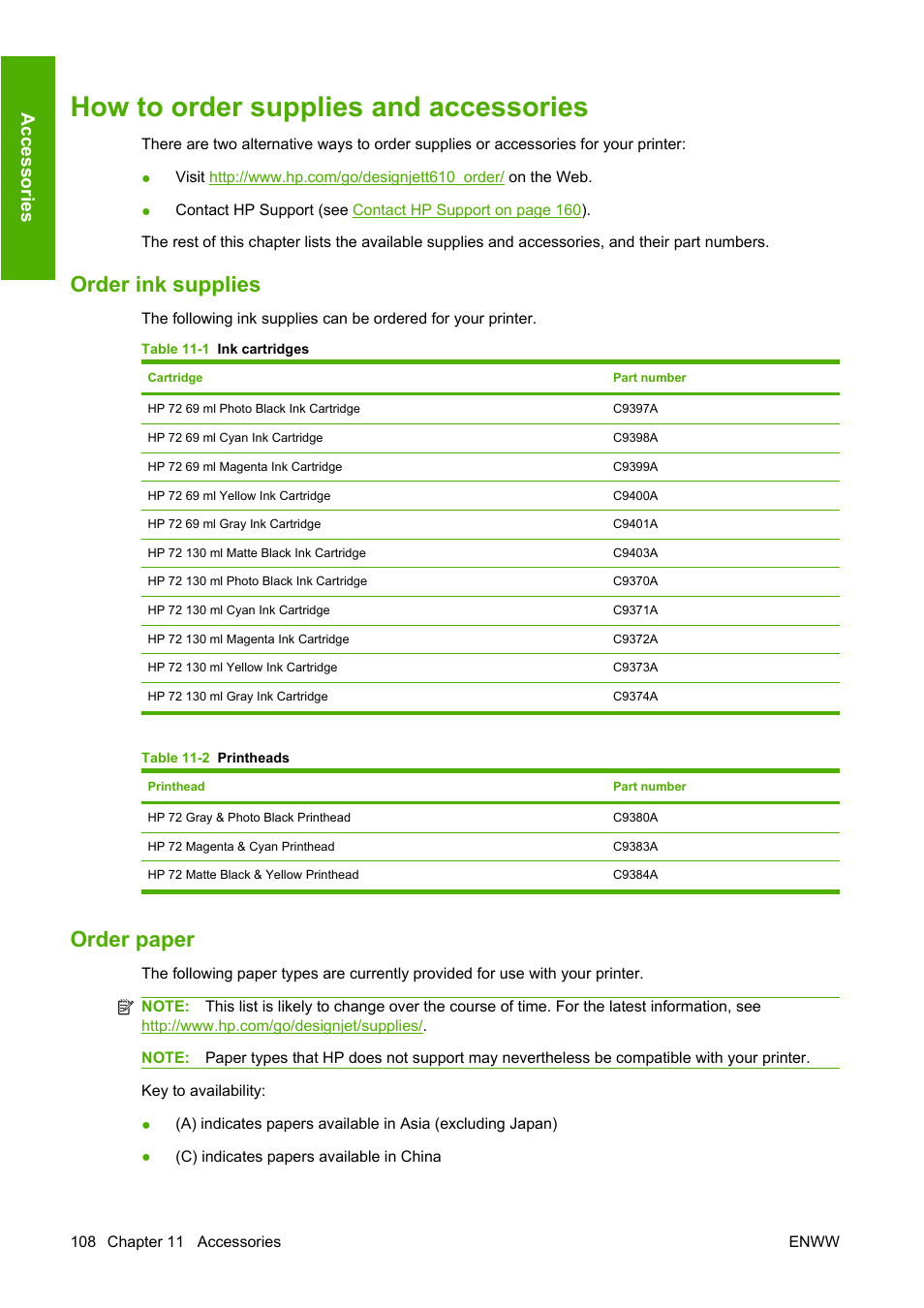 How to order supplies and accessories, Order ink supplies, Order paper | Order ink supplies order paper, Accesso ries | HP Designjet T610 Printer series User Manual | Page 118 / 181