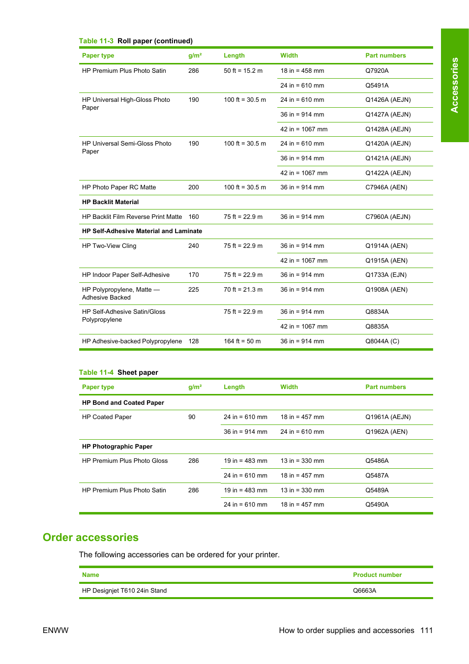 Order accessories, Y. see, Accessories | Enww how to order supplies and accessories 111 | HP Designjet T610 Printer series User Manual | Page 121 / 181