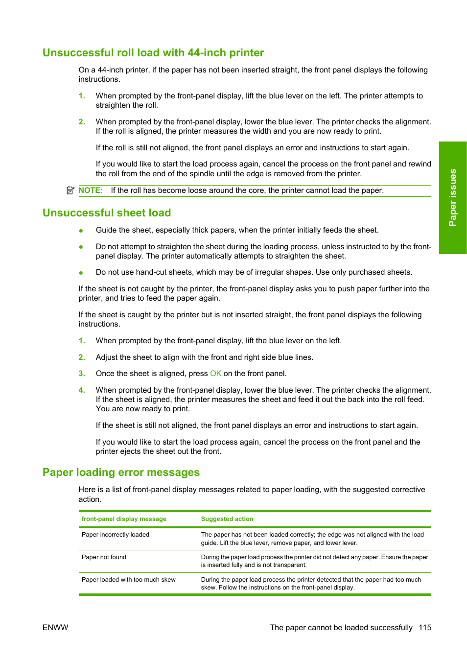 Unsuccessful roll load with 44-inch printer, Unsuccessful sheet load, Paper loading error messages | HP Designjet T610 Printer series User Manual | Page 125 / 181