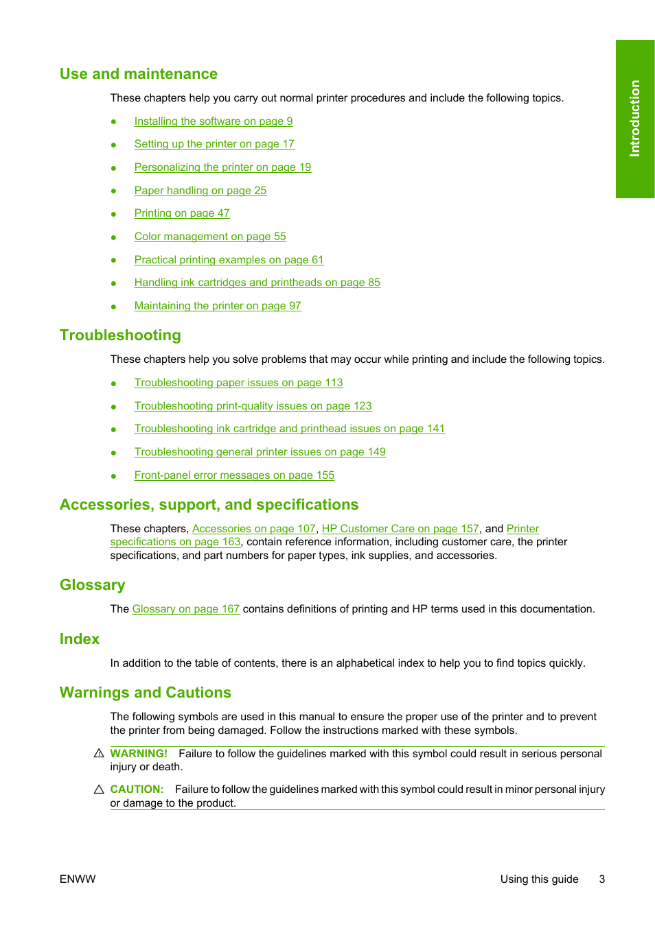 Use and maintenance, Troubleshooting, Accessories, support, and specifications | Glossary, Index, Warnings and cautions | HP Designjet T610 Printer series User Manual | Page 13 / 181