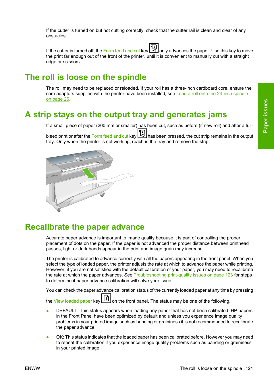 The roll is loose on the spindle, Recalibrate the paper advance | HP Designjet T610 Printer series User Manual | Page 131 / 181