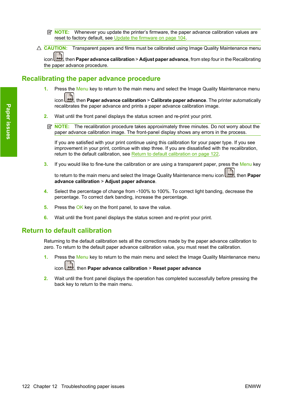 Recalibrating the paper advance procedure, Return to default calibration | HP Designjet T610 Printer series User Manual | Page 132 / 181
