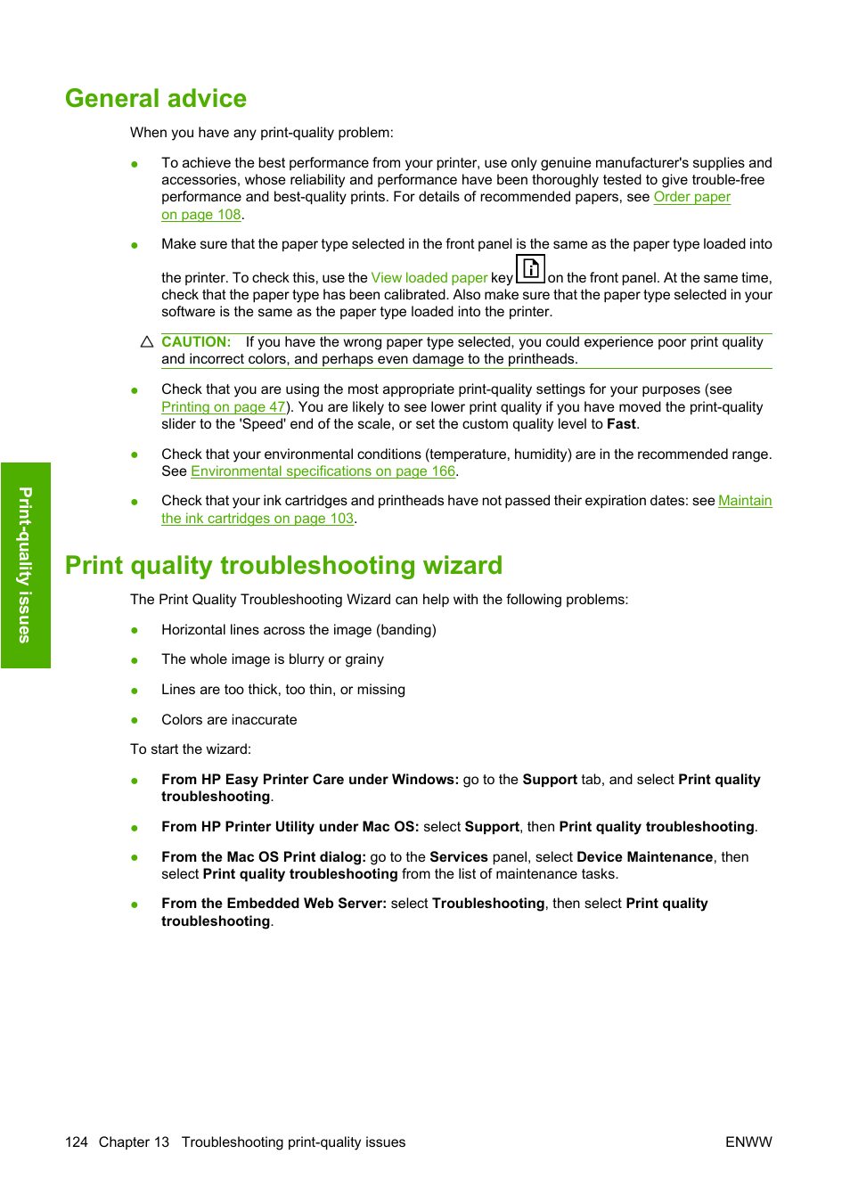 General advice, Print quality troubleshooting wizard | HP Designjet T610 Printer series User Manual | Page 134 / 181