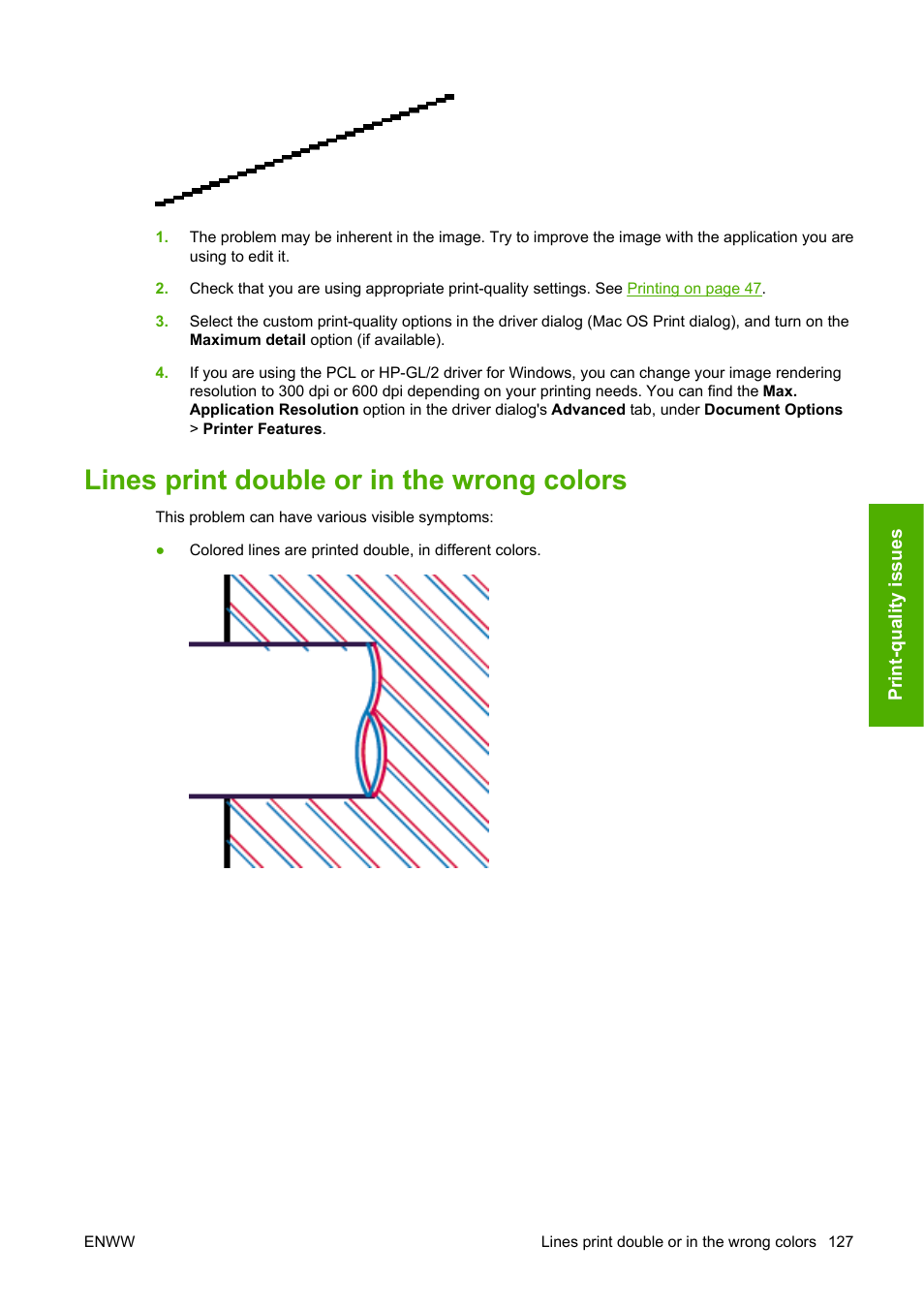 Lines print double or in the wrong colors | HP Designjet T610 Printer series User Manual | Page 137 / 181