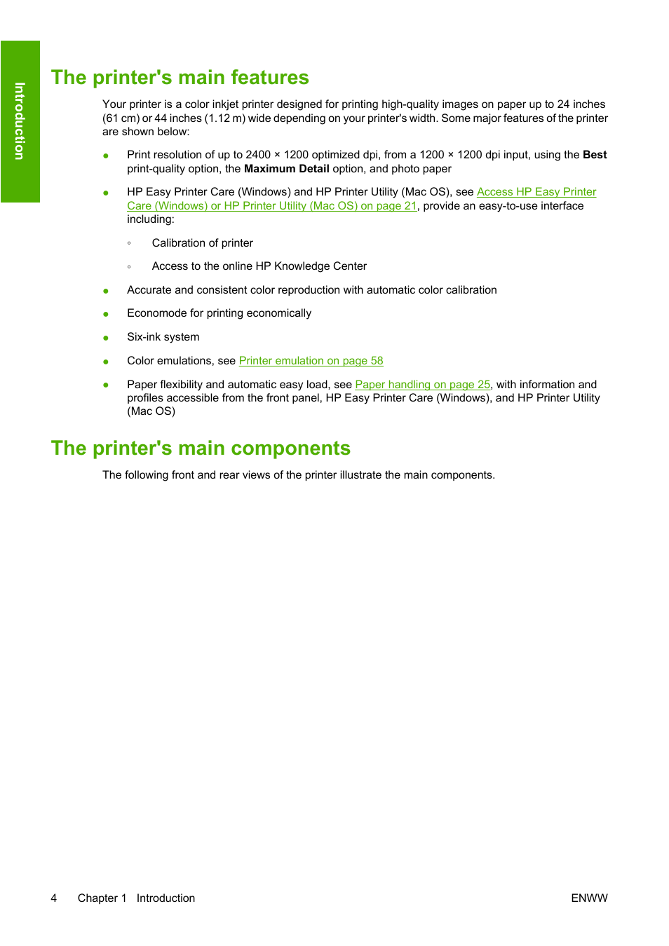 The printer's main features, The printer's main components | HP Designjet T610 Printer series User Manual | Page 14 / 181