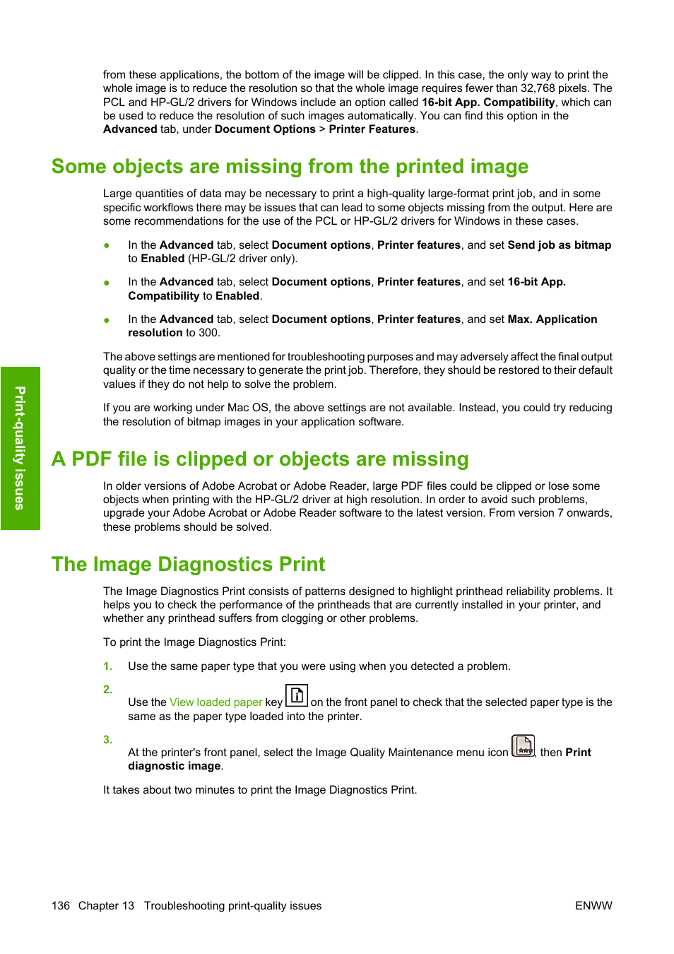Some objects are missing from the printed image, A pdf file is clipped or objects are missing, The image diagnostics print | The image diagnostics | HP Designjet T610 Printer series User Manual | Page 146 / 181