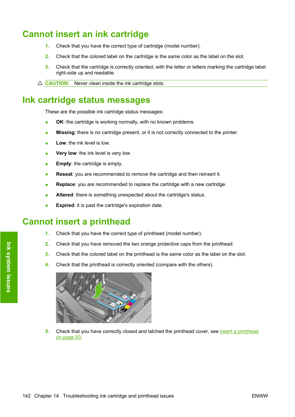 Cannot insert an ink cartridge, Ink cartridge status messages, Cannot insert a printhead | Ges, see | HP Designjet T610 Printer series User Manual | Page 152 / 181