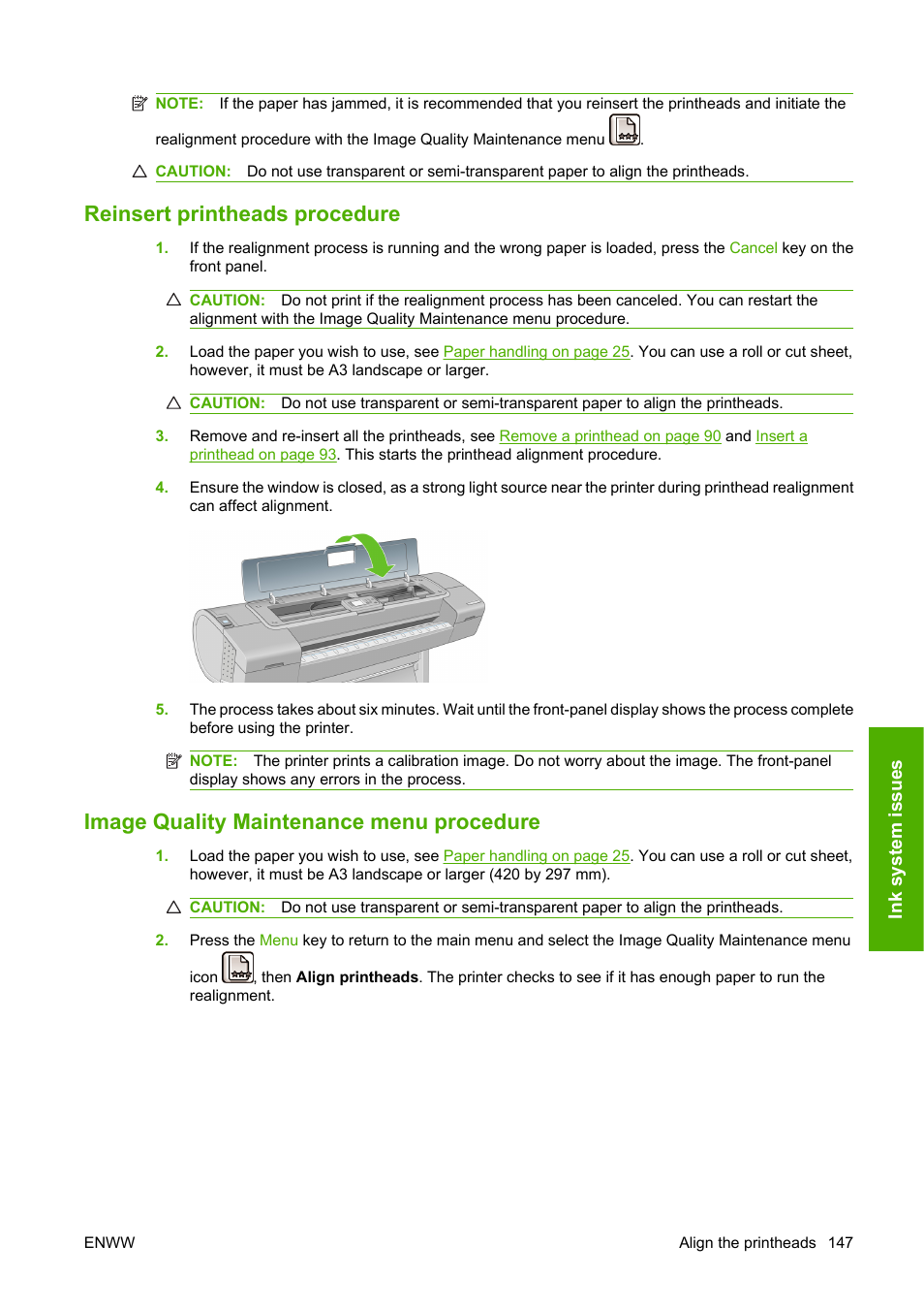 Reinsert printheads procedure, Image quality maintenance menu procedure | HP Designjet T610 Printer series User Manual | Page 157 / 181