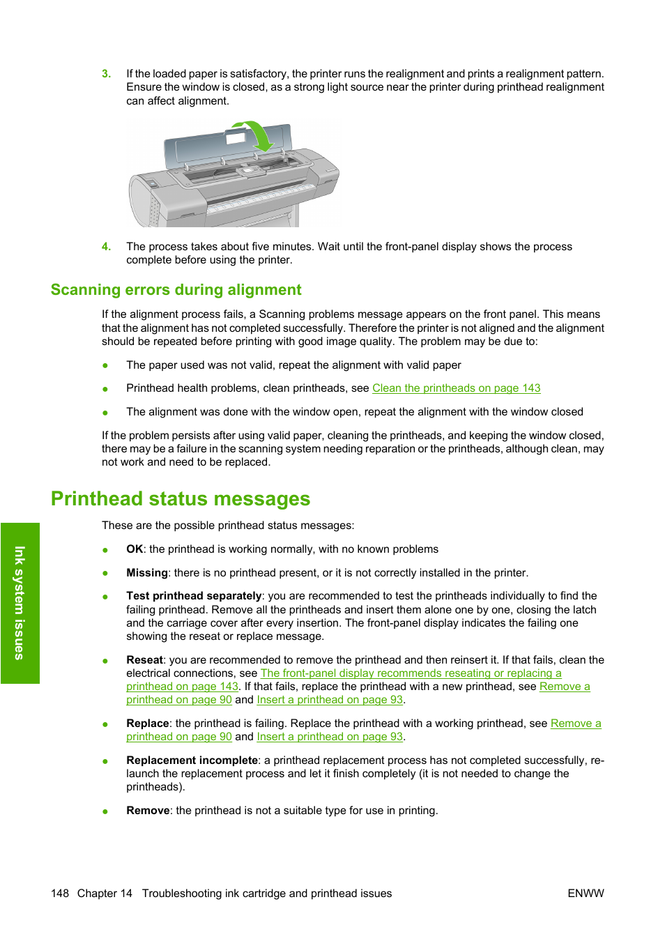 Scanning errors during alignment, Printhead status messages | HP Designjet T610 Printer series User Manual | Page 158 / 181