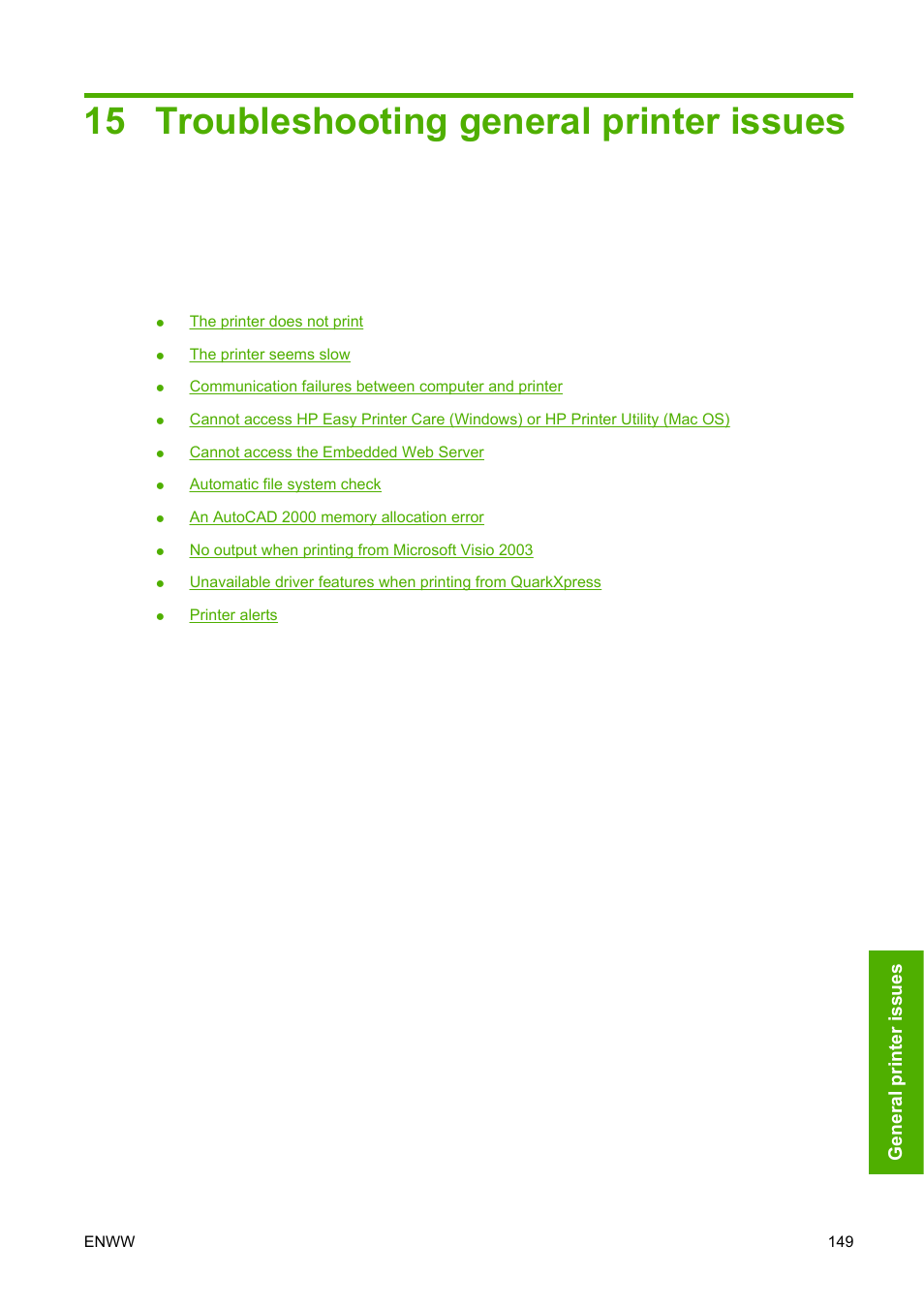 Troubleshooting general printer issues, 15 troubleshooting general printer issues | HP Designjet T610 Printer series User Manual | Page 159 / 181