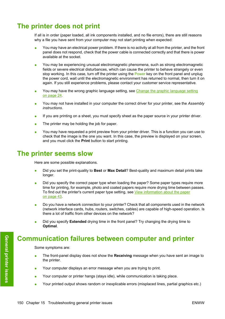 The printer does not print, The printer seems slow | HP Designjet T610 Printer series User Manual | Page 160 / 181