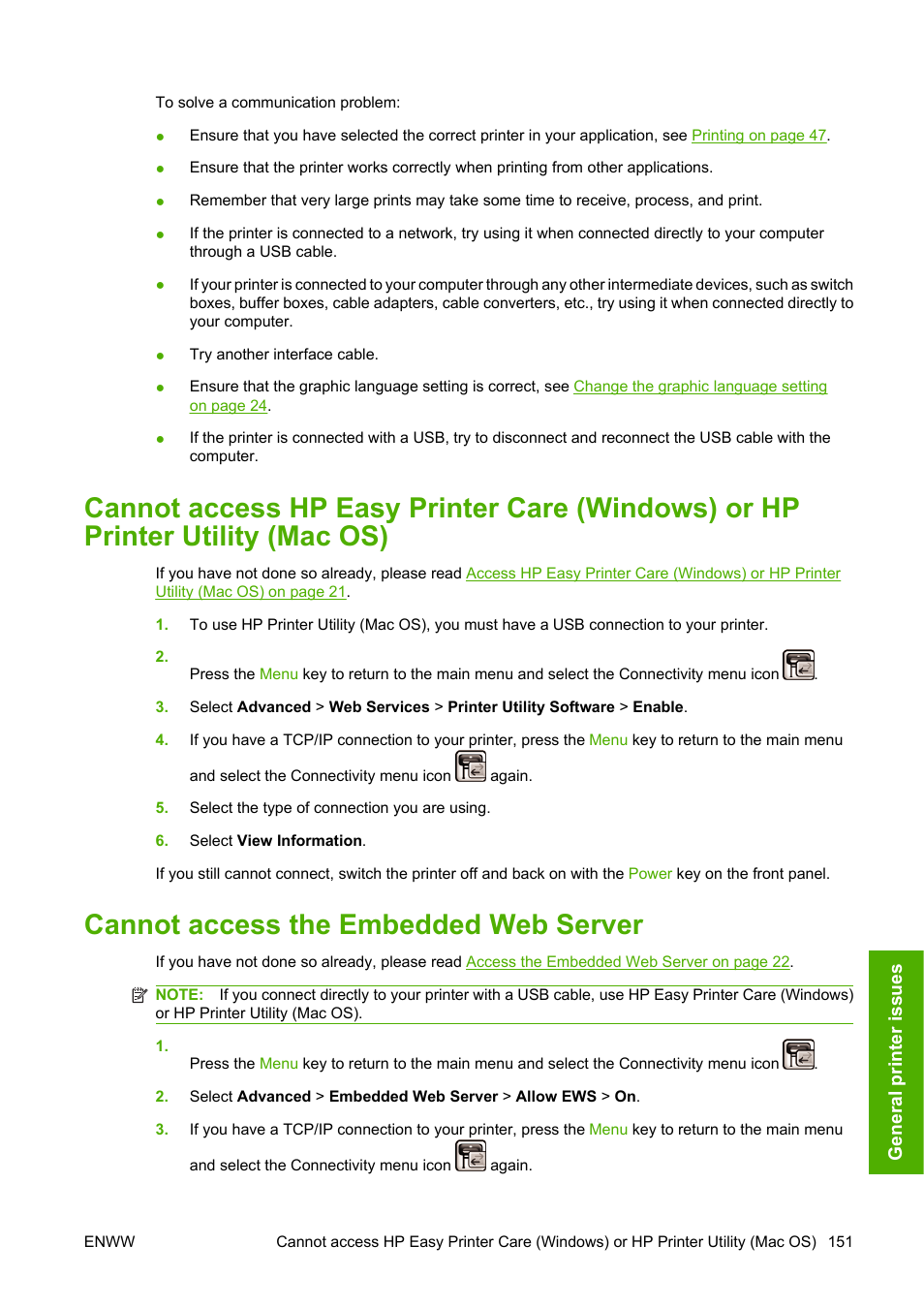 Cannot access the embedded web server | HP Designjet T610 Printer series User Manual | Page 161 / 181