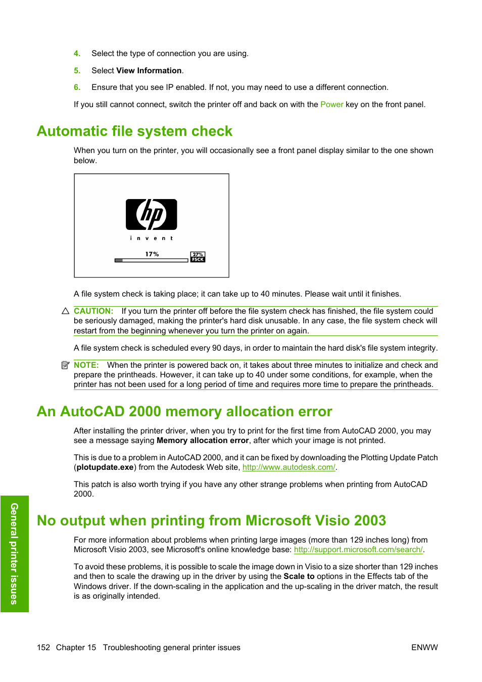 Automatic file system check, An autocad 2000 memory allocation error, No output when printing from microsoft visio 2003 | HP Designjet T610 Printer series User Manual | Page 162 / 181