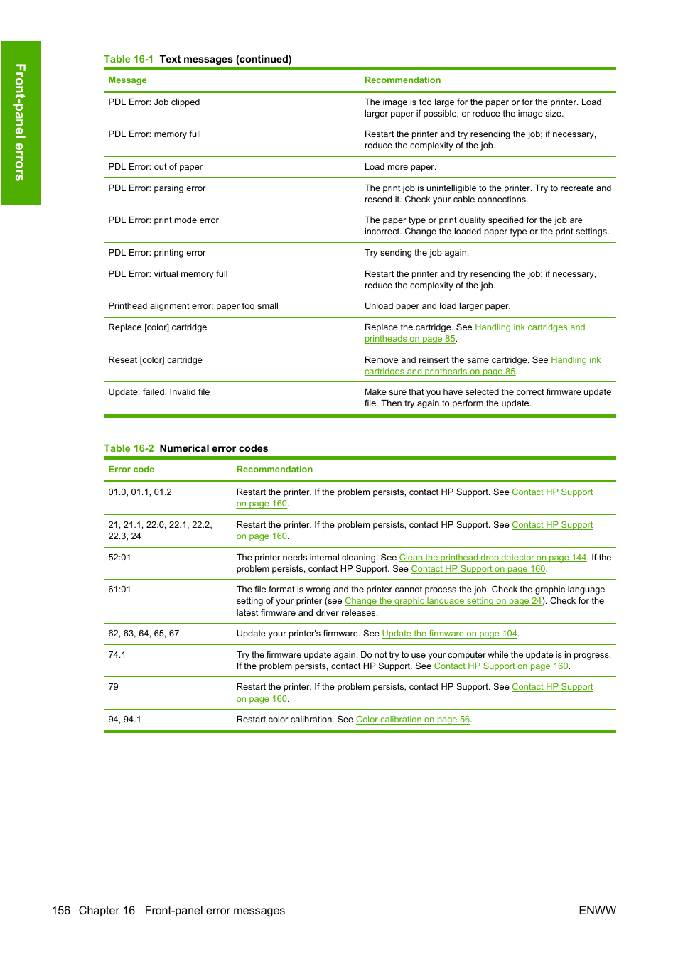 Front-panel errors | HP Designjet T610 Printer series User Manual | Page 166 / 181