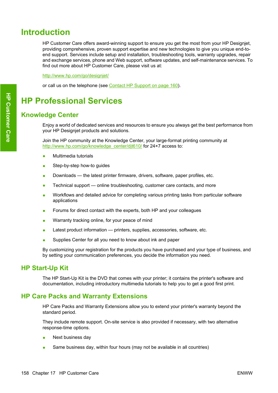 Introduction, Hp professional services, Knowledge center | Hp start-up kit, Hp care packs and warranty extensions, Introduction hp professional services | HP Designjet T610 Printer series User Manual | Page 168 / 181