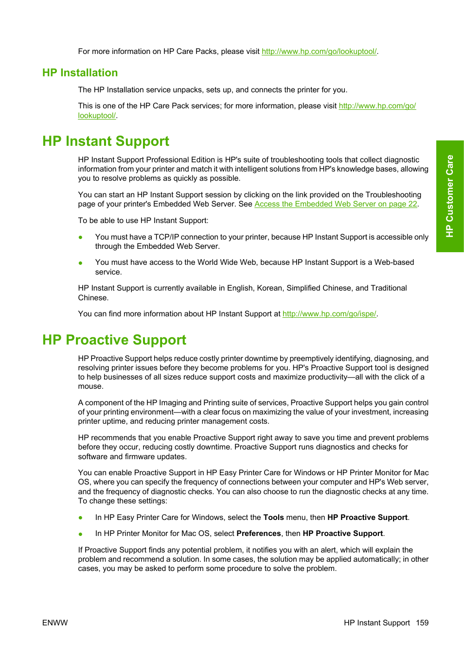 Hp installation, Hp instant support, Hp proactive support | HP Designjet T610 Printer series User Manual | Page 169 / 181