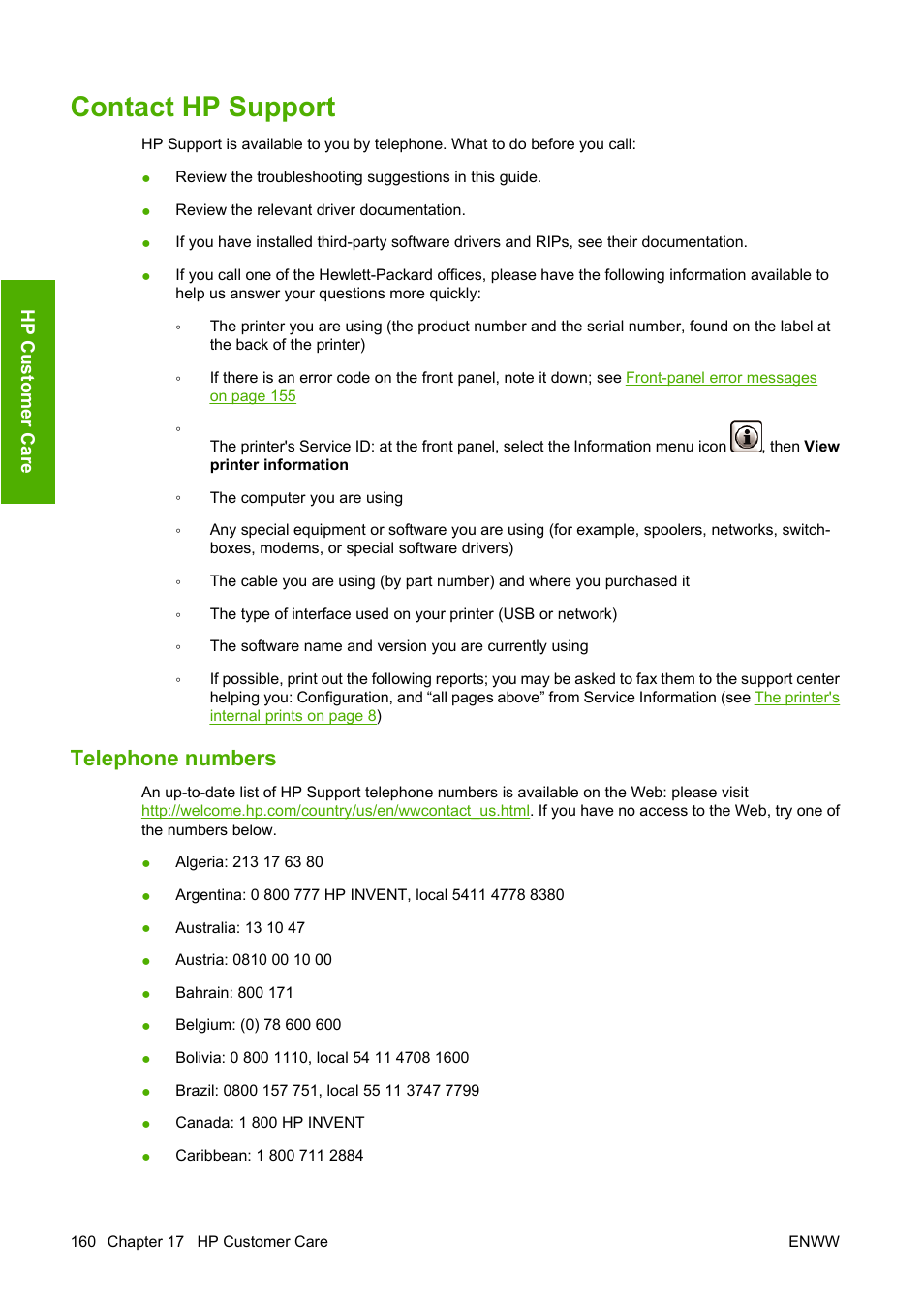 Contact hp support, Telephone numbers | HP Designjet T610 Printer series User Manual | Page 170 / 181