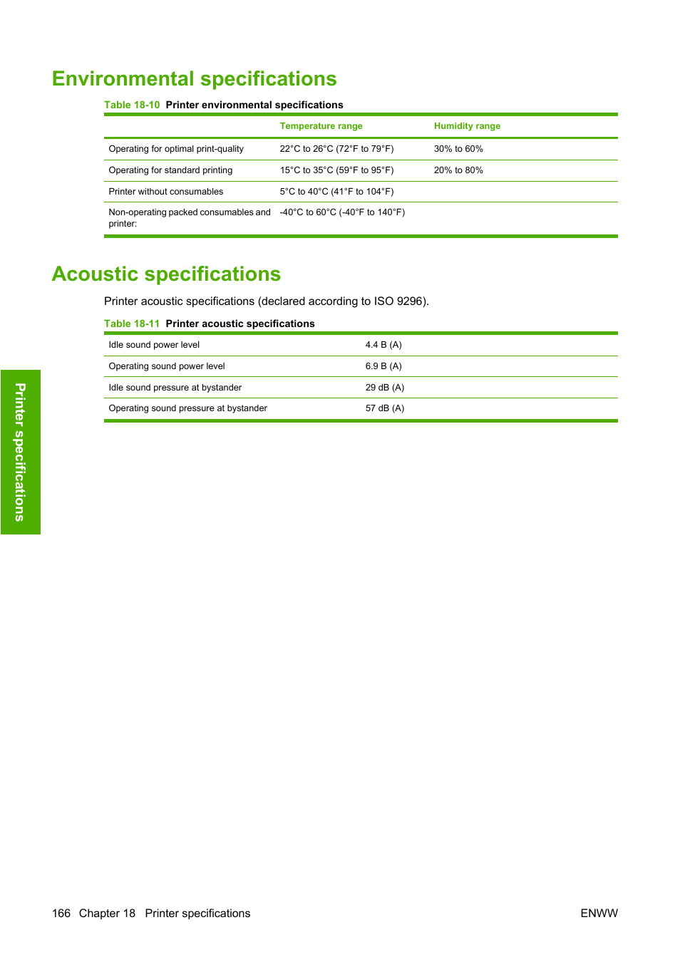 Environmental specifications, Acoustic specifications, Printing. see | Prin ter sp ecificatio ns | HP Designjet T610 Printer series User Manual | Page 176 / 181