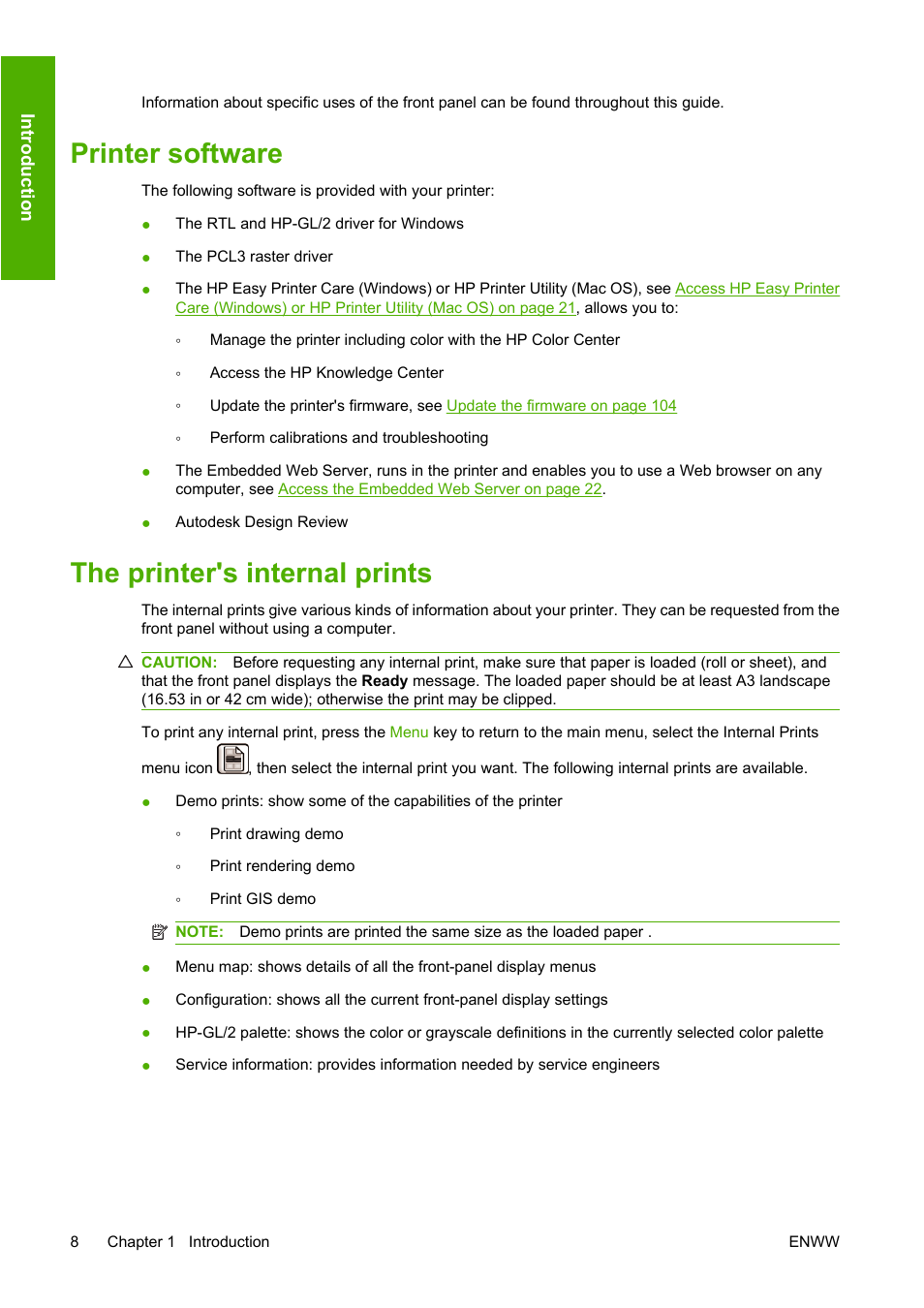 Printer software, The printer's internal prints, Printer software the printer's internal prints | HP Designjet T610 Printer series User Manual | Page 18 / 181