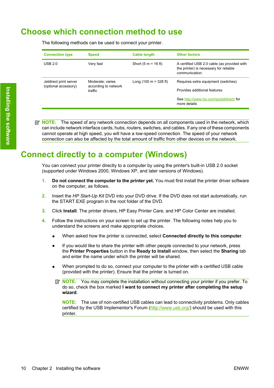 Choose which connection method to use, Connect directly to a computer (windows) | HP Designjet T610 Printer series User Manual | Page 20 / 181